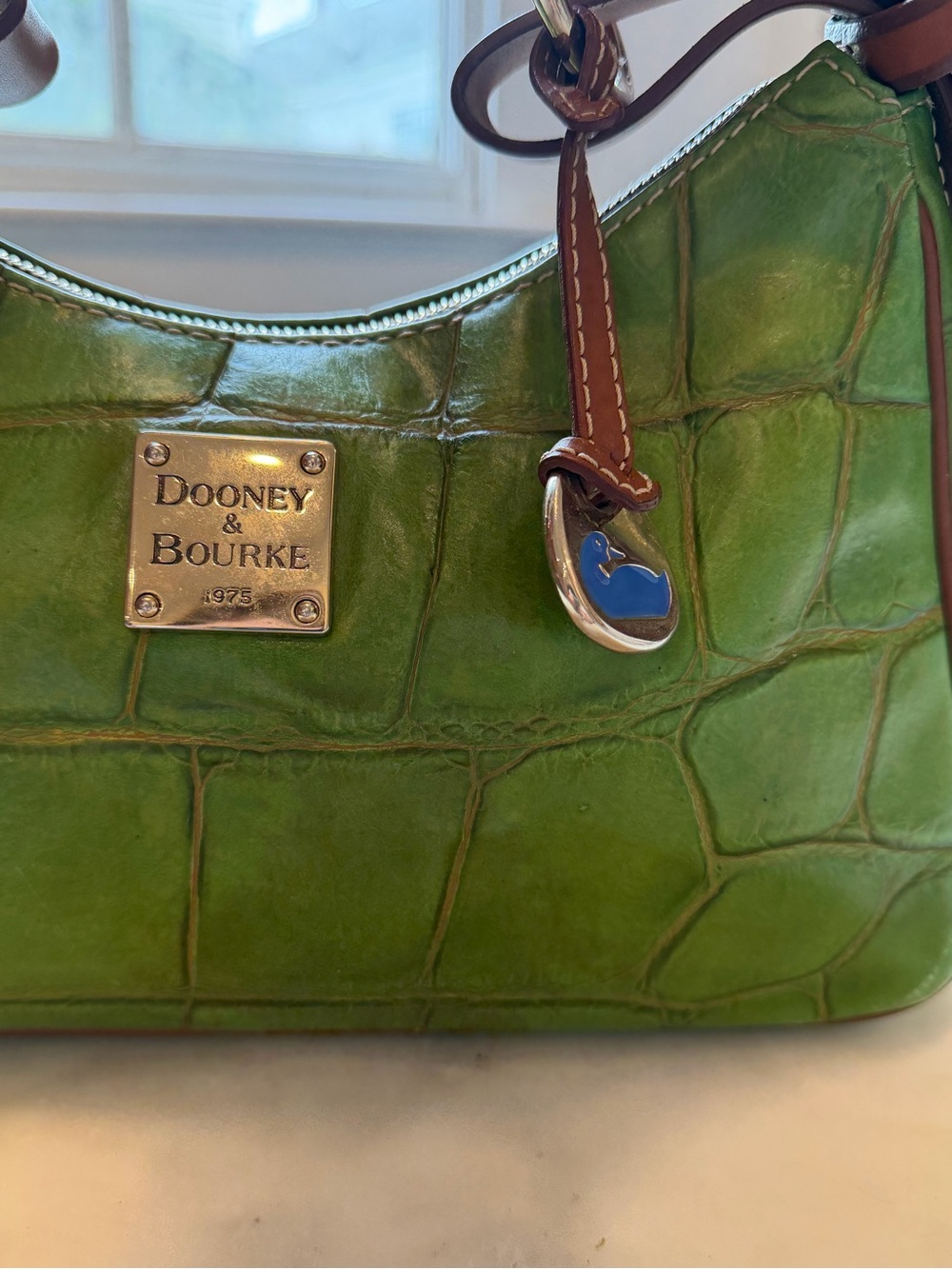 Dooney & Bourke Green Croc-Embossed Leather Shoulder Bag with Brown Trim - Picture 4 of 11